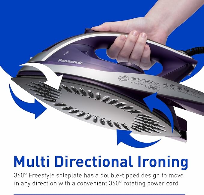 Panasonic Dry and Steam Iron with Alumite Soleplate, Fabric Temperature Dial and Safety Auto Shut Off – 1700 Watt Multi Directional Iron – NI-W950A, Purple