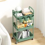 MOYIPIN 3-Tier Plastic Rolling Utility Cart with Handle,Utility Storage Cart for Office, Living Room, Kitchen,Movable Storage Organizer Shelves,Green with 6 Hanging Cups