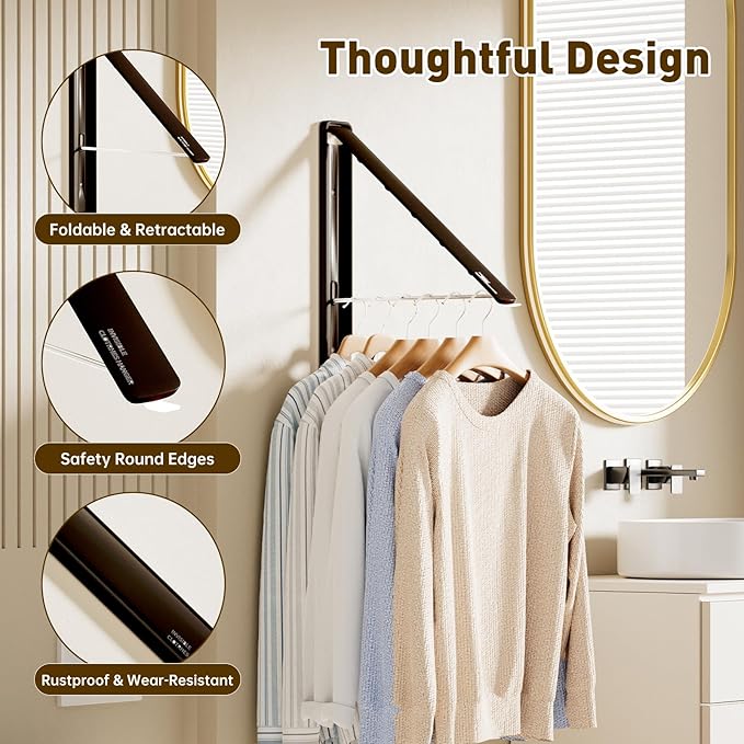 Clothes Drying Rack, Laundry Room Wall Mounted Retractable Clothes Hanger Drying Rack, Laundry Clothing Drying Rack Folding Indoor or Outdoor, Easy Installation Aluminium Dryer, 1pcs(Black)