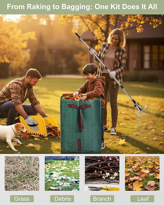 Leaf Rake Set: Adjustable Metal Leaf Rake with Expandable Head, 53 Gallon Reusable Collapsible Leaf Bag & Leaf Scoops Pick Up - Garden Leaf Collector Bag Holder Tools Lawn Yard Waste Cleaning