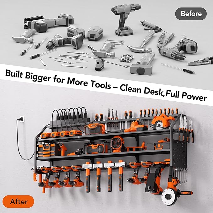 Extra Large Power Tool Organizer Wall Mount with Charging Station, 12 Drill Holders Heavy Duty with 8-Outlet Power Strip, Garage Cordless Drill Storage and Organization, Battery Utility Rack