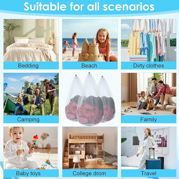 Thinp 3 Pcs Mesh Laundry Bags, Mesh Wash Bags Heavy Duty Washing Bag with Drawstring Machine Washable Garment Bag for Dormitory College Apartment Travelling Camping (White)