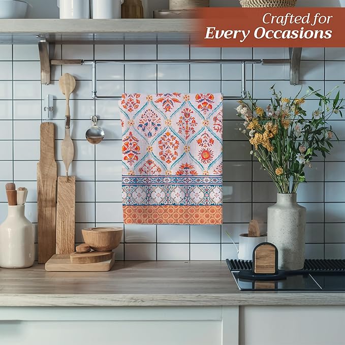 Maison d' Hermine Kitchen Towels Set of 3 100% Cotton 27.50" x 20" Reusable Cloth Tea Dish Towels Absorbent with Hanging Loop for Kitchen, Home, Dining, Cocktail Parties (Romane)