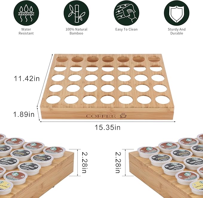 MinBoo BamBoo k cup holder Drawer or Countertop k cup Organizer Coffee Pod Holder Hold 35 Coffee Pod Storage Kcup coffee pods holder for coffee station Office and Kitchen k cup storage