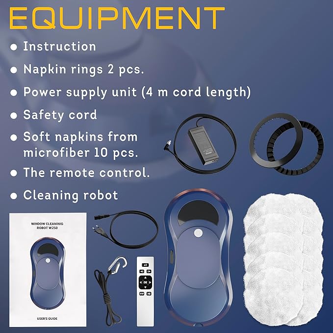 Dark Blue Automatic Window Cleaner Robot W250, 11.6 x 5.7 x 2.7 Inch with 30 ml Automatic Water Spray and 10 Cloth Pads. Window Vacuum Cleaner for Windows. Automatic Glass Cleaner Vacuum