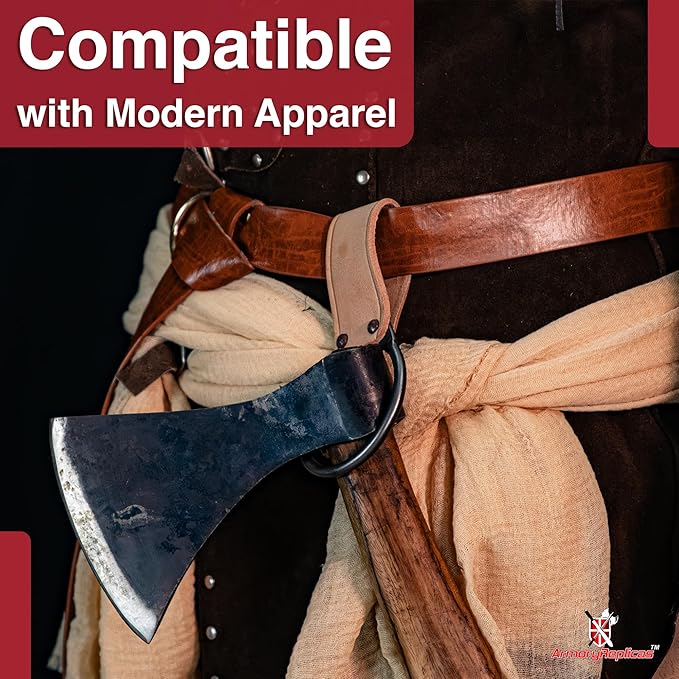 Armory Replicas - Hand Forged Medieval Viking Battle Axe Holder - Genuine Bovine Leather Functional Costume O-Ring Weapon Belt Holster