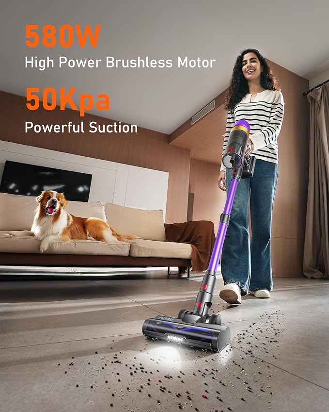 Cordless Vacuum Cleaner, 580W 50KPA 70Mins Upgraded Stick Vacuum Cleaners for Home, Wireless Vacumm with Self-Standing and Touch Screen, Anti-Tangle Brush for Hardwood Floor/Carpet/Pet Hair