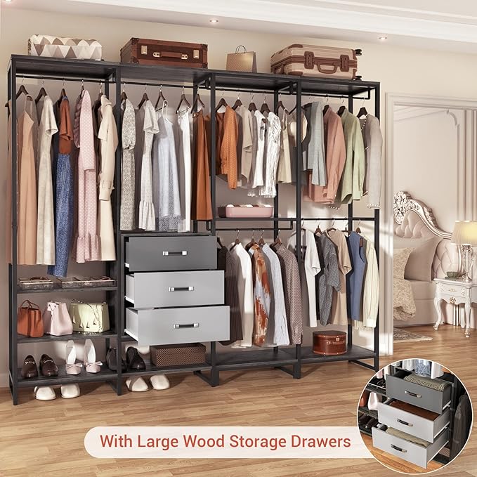 Aheaplus Wood Clothes Rack Wardrobe Organizer for Hanging Clothes, Heavy Duty Garment Rack, Large Corner L Shaped Closet System with 3 Wood Drawers, White and Grey