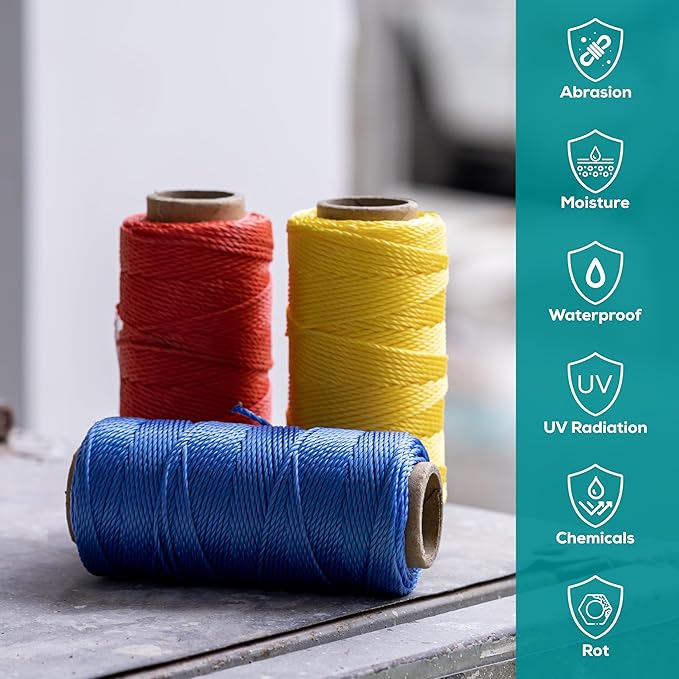 3 Roll Mason Line String – 262ft, 1.3mm Thick Twisted Polypropylene – Durable Construction Twine for Laying Bricks, Blocks, Fences in Gardening, DIY & Landscaping Projects (Yellow,Red,Blue)