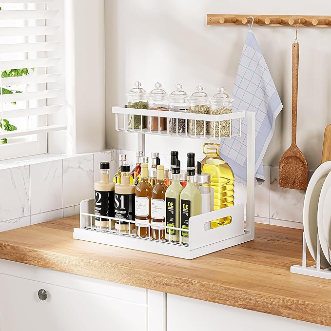 VUSIGN 2 Pack Under Sink Organizer and Storage, 2 Tier Under Cabinet Organizer for Bathroom Kitchen with Pull Out Storage Shelf Drawer, White