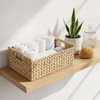 Large Rectangular Wicker Basket - Premium Water Hyacinth Storage Basket with Built-in Wooden Handles for Home Organization, Shelf Organizer, Decorative Natural Handwoven Basket 15.5x10.8x6.2"
