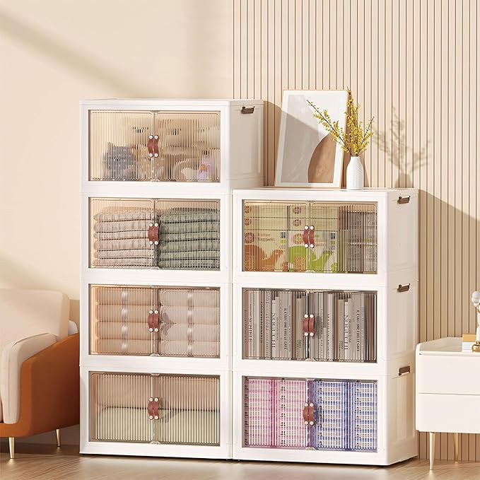 4 Tier Storage Bins with Lids, 104QT Collapsible Plastic Storage Bins, Folding Storage Boxes with Doors, Stackable Storage Organizer for Home, Office and Dorm