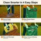 Adjustable Garden Rake for Leaves 36 to 73 Inch 25 Tines with Leaf Scoops, 32 Gallon Self Standing Yard Waste Bag Hoop, 2 Pairs Latex Coated Gloves