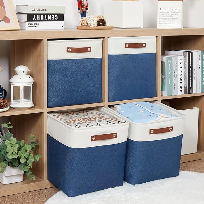 HNZIGE Cube Storage Baskets for Shelves, Fabric Storage Basket with Handles for Organizing Clothes, Toys, 13 inch Cube Storage Bins for Storage Clothes, Toys, Closet, Nursery(Blue White)