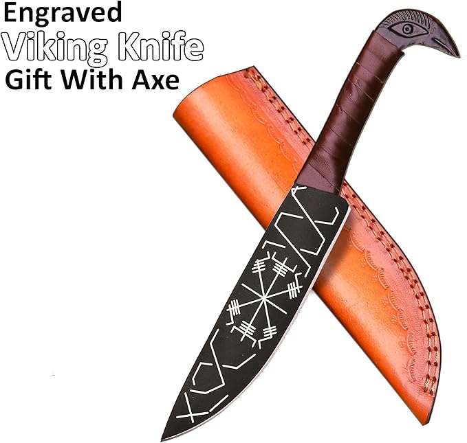 Viking Axe with Gift Vikings Knife Sheath | HandForged Carbon Steel Camping Axes and Hatchets Viking Gifts for Men | Bearded Vikings Valhalla Axe (Ax-64)