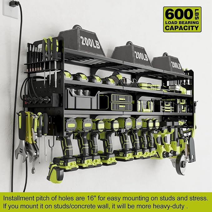 12 Cordless Drill Holder Large Power Tool Organizer Wall Mount with Side Pegboard & Screwdriver Holder, 4-Tier Heavy Duty Metal Tool Storage Rack with 4-Outlet Power Strip
