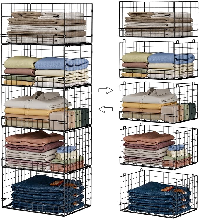 5-Tier Stackable Closet Organizers and Storage Shelves, Closet Shelf Organizer Basket Bins, Foldable Sweater Storage for Closet Organizer System, Black（Patent Pending）