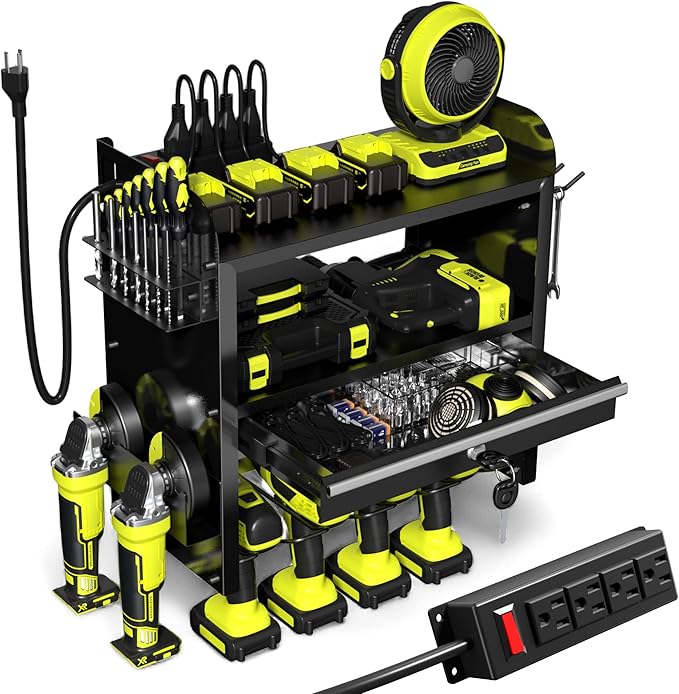 KSVO Power Tool Organizer Wall Mount with Drill Rack & Locking Drawers - Heavy Duty Metal Tool Shelf for Garage, Workshop, Shed, Basement Tool Organization - Gift for Men/Father (Black)