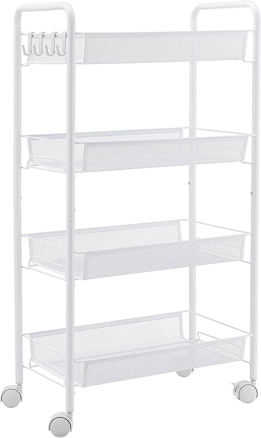 JANE EYRE Rolling Utility Storage Rack Cart on Wheels, Trolley Carft cart, Multi-Purpose Organizer Shelf (White, 4 Tier)…