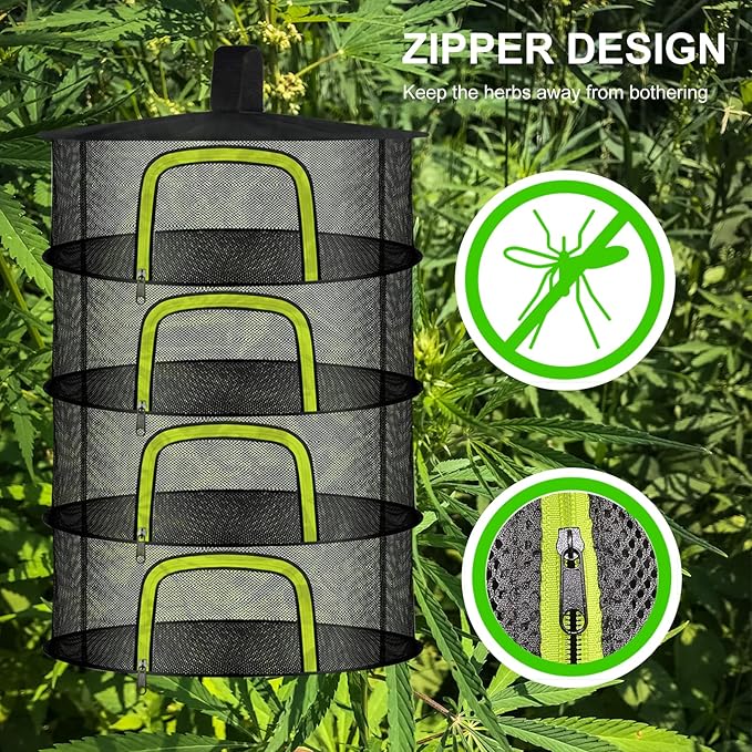 4 Layer Herb Drying Rack, Hanging Mesh Net, Foldable Plant Drying Rack With U-Shaped Zipper, Garden Trimming Shears and Hooks, For Drying Herbs Plants, Fruits, Seafood, Clothing(4 Layers-23.62'')