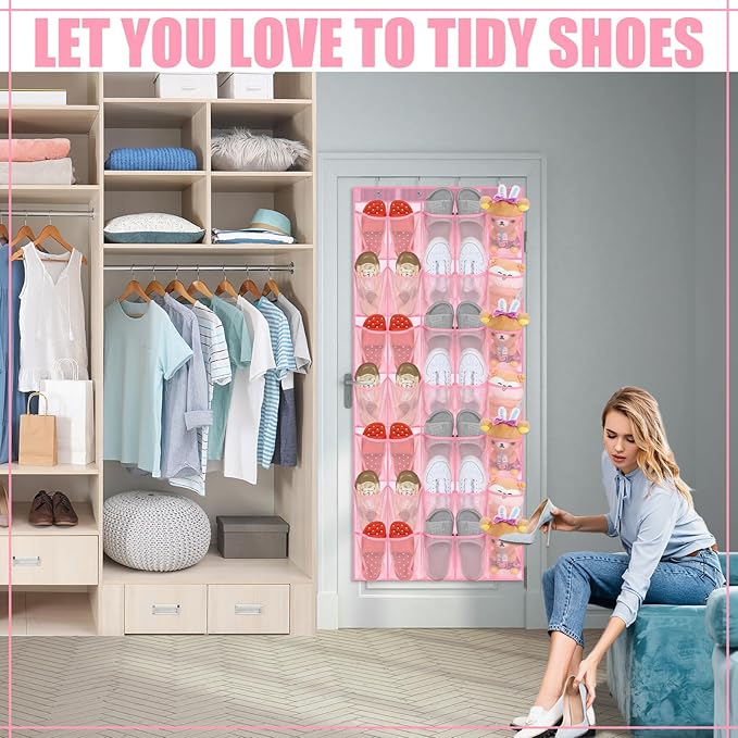 Windyun 2 Pack 40 Over the Door Shoe Organizers Large Mesh Pocket Hanging Shoe Rack for Closet Nonslip Behind Door Storage Holder Back to School Organizer for Dorm Room College Storage(Pink)