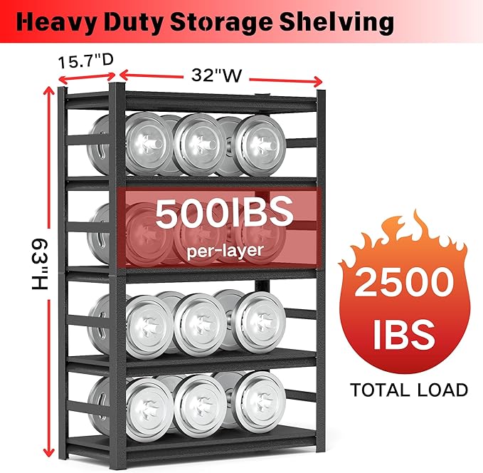 Storage Shelves, Heavy Duty 5-Tier Kitchen Shelving, 63" H Metal Storage Unit with Adjustable Shelves, Free Standing Pantry Organization Shelf, for Pantry and Garage, Black