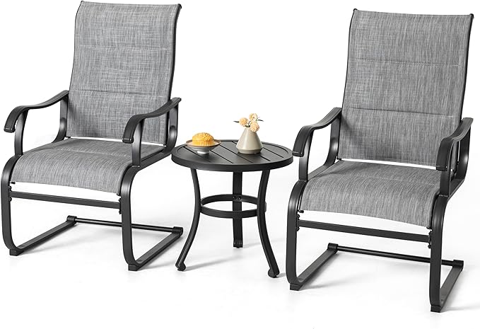 NUU GARDEN 3 Pieces Outdoor Bistro Set, 2 Patio Chairs with 20" Round Patio Table, Textilene Chairs and Iron Side Outdoor Table for Patio, Deck, Garden, Gray and Black
