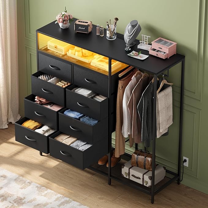 Black Dresser for Bedroom with 8 Drawers and Hanging Rack, 47 Inch Closet Dressers with LED Lights, Shelves & Charging Station, Clothes Storage Organizer