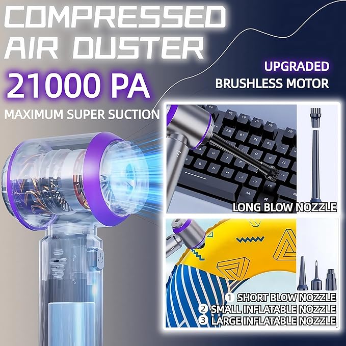 Handheld Car Vacuum Cleaner, 21000PA Rechargeable High Power Cordless Mini Vacuum Cleaner and Blower 4-in-1 with 3 Gear, Vacuum with Brushless Motor for Car, Home, Office, PC