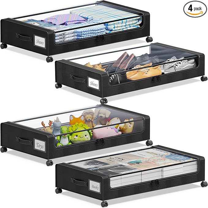 YAASHEEN Under Bed Storage with Wheels, 4-Pack Under the Bed Storage Containers with Clear Lids & Label, Underbed Storage Bins, XXL 60L Rolling Metal Drawer for Clothes, Shoes, Toys, Books - Black