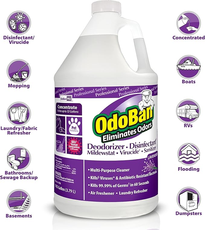 OdoBan Professional Disinfectant and Odor Eliminator Concentrate, 3-Pack, 1 Gallon Each, Lavender Scent
