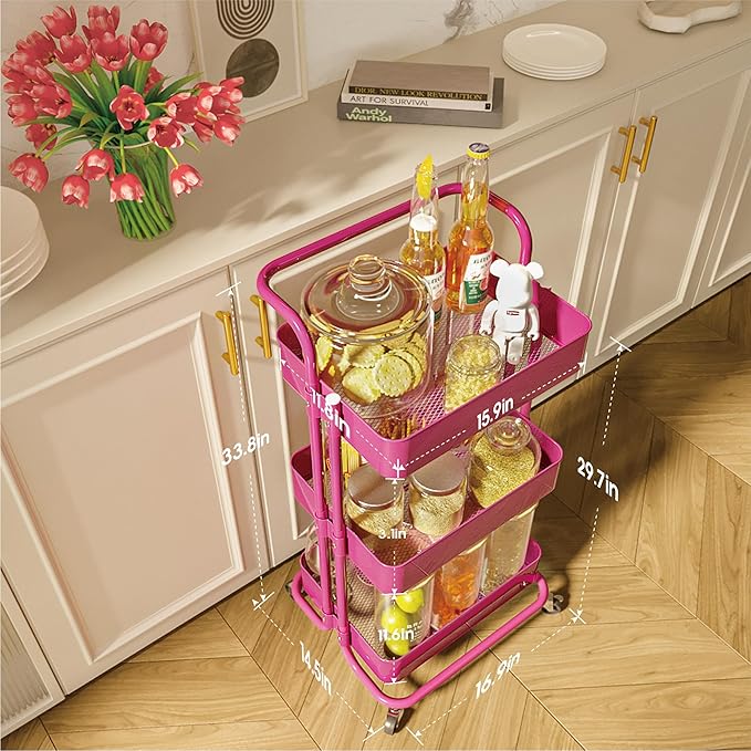 3-Tier Metal Rolling Cart with Wheels, Hot Pink Utility Storage Cart, Multifunctional Organizer Storage for Kitchen, Bedroom, Office, Laundry Room, Dorm Room Essentials (Rose red)
