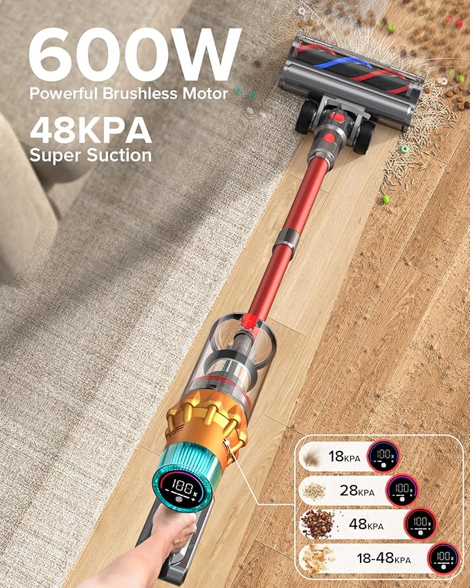 S8 Cordless Vacuum Cleaner, 600W 48Kpa 65mins Stick Vacuum Rechargeable, Wireless Lightweight Handheld Vacuum Cleaners for Home Pet Hair Carpet Hardwood Floor Car