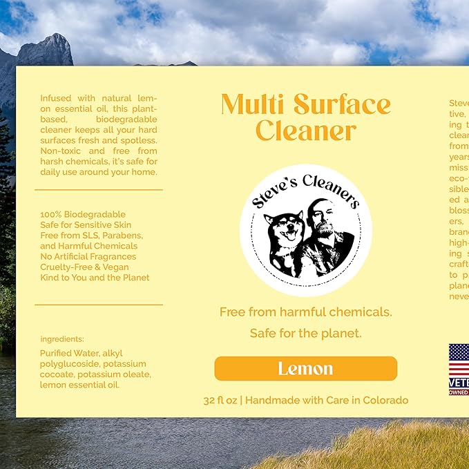 Steve's Cleaners Lemon Multi-Surface Cleaner – Plant-Based, Non-Toxic, Streak-Free Cleaning Spray – Ammonia-Free, Safe for Kitchen, Bathroom, Counters & More – 10 oz (Pack of 3)