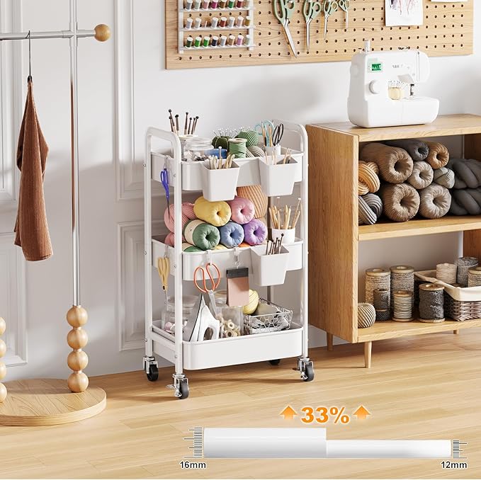 3 Tier Rolling Cart with Wheels, Metal Utility Storage Cart on Wheels, Craft Carts Organizer with Hanging Cups, Hooks, Three Tiered Rolling Carts for Bathroom, Laundry Room, Nursery, Office, White