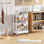 3 Tier Rolling Cart with Wheels, Metal Utility Storage Cart on Wheels, Craft Carts Organizer with Hanging Cups, Hooks, Three Tiered Rolling Carts for Bathroom, Laundry Room, Nursery, Office, White