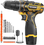 Cordless Drill Set, 12V Power Drill with 2.0Ah Battery and 2-Speed, 30Nm Torque, 25+1 Clutch Settings, 3/8" Keyless Chuck, Yellow Electric Drills for Home DIY, Wood, Metal, Plastic Drilling