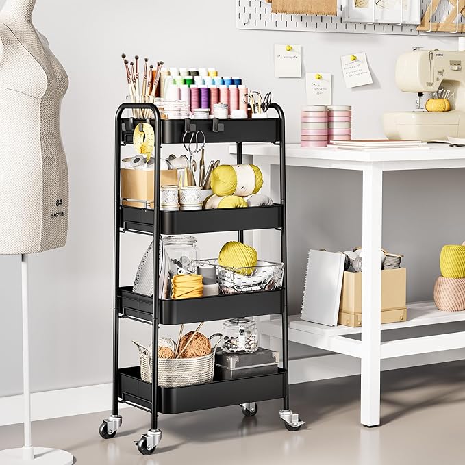 TOOLF 4-Tier Metal Rolling Cart with Wheels, Storage Utility Organizer Cart for Kitchen, Bathroom, Office, Baby Essentials & Makeup - Lockable Casters, Easy Assembly, Large Capacity, Black