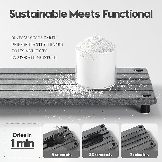 Instant Dry Sink Caddy Kitchen Sink Organizer, Quick Drying Stone Tray Diatomite Sponge Holder Soap Dish, Bathroom Countertop Fast Dry Water Absorbing Vanity Rack, Dark Gray,12" x 5"