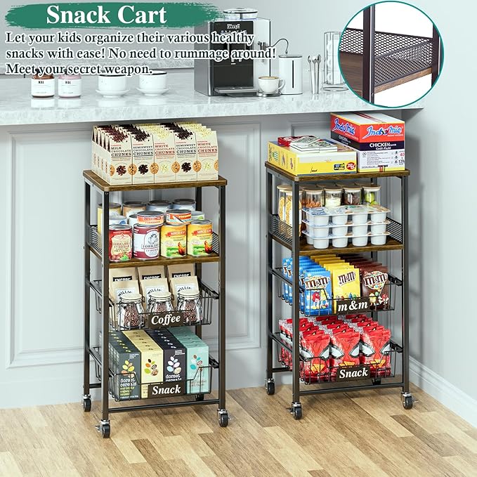 4-Tier Small Kitchen Storage Cart on Wheels, Rolling Pantry and Snack Organizer Cart with Pull-Out Baskets & Wood Top, Utility Kitchen Fruit Basket Stand for Fruit Potato Onion Vegetable Snack