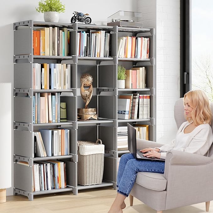 REIBII Book Shelf, 13 Cube Storage Organizer, DIY Bookcase for Bedroom, Office, Living Room, Closet, 12" D x 47.24" W x 59.05" H, Grey