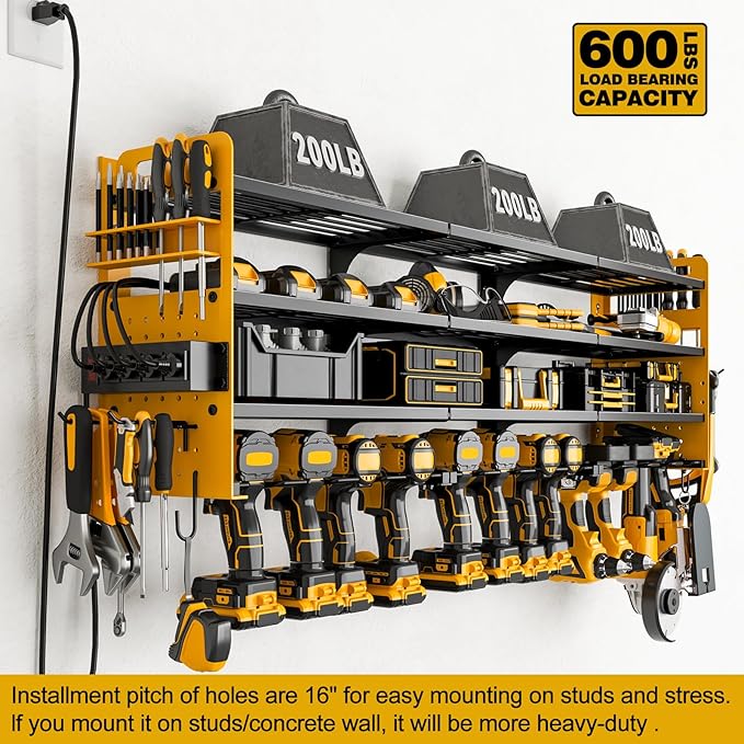 12 Cordless Drill Holder Large Power Tool Organizer Wall Mount with Side Pegboard & Screwdriver Holder, 4-Tier Heavy Duty Metal Tool Storage Rack with 4-Outlet Power Strip