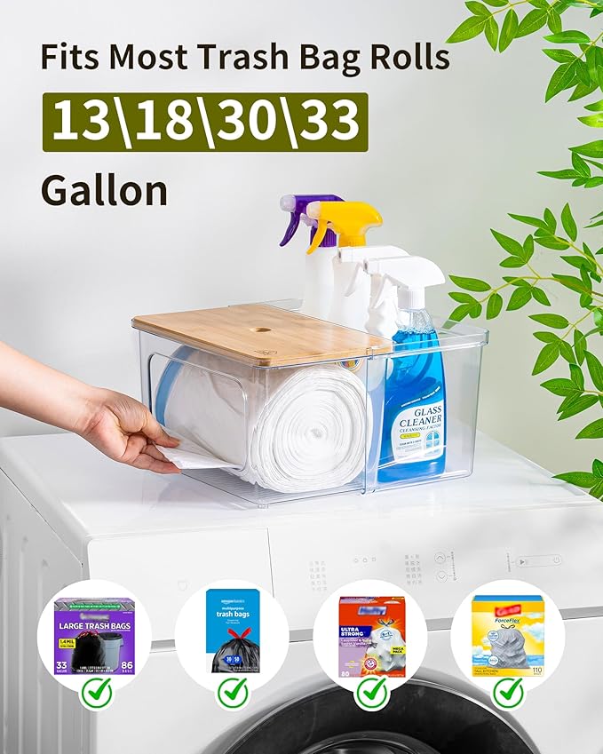 Trash Bag Dispenser Dishwasher Pod Holder - 5 in 1 Plastic Garbage Bag Under Sink Organizer, Acrylic Dryer Sheet Balls Laundry Pods Container with Bamboo Lid, Pantry Organizers and Storage Box