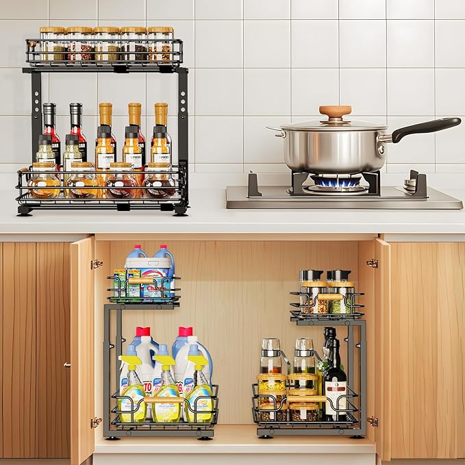 JYPS 2 Pack Under Sink Organizer, 2 Tier Pull out Under Kitchen Bathroom Sink Organizer and Storage, Metal Sliding Drawer for Cabinet Pantry Undersink Organizers Shelf