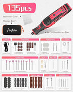 8V Cordless Rotary Tool Kit with 135pcs Accessories, 2.8Ah Battery Rechargeable Engraving Pen with LED Light, 5-Speed 30000RPM Power Rotary Tools for Drilling Grinding Sanding Polishing, Pink