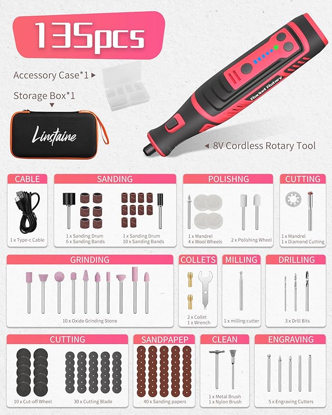 8V Cordless Rotary Tool Kit with 135pcs Accessories, 2.8Ah Battery Rechargeable Engraving Pen with LED Light, 5-Speed 30000RPM Power Rotary Tools for Drilling Grinding Sanding Polishing, Pink