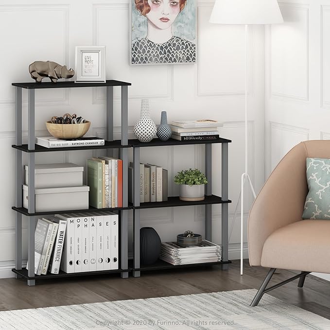 Furinno TURN-S-TUBE Storage Shelves Set of 2, 3-Tier Book Shelf, Corner Shelf, Toolless Open Shelves, Square Tubes, for Organization and Storage, Living Room, Garage, Home Office, Black