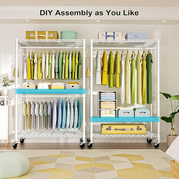P3 Plus Rolling Clothes Rack, Clothing Racks for Hanging Clothes, Heavy Duty Garment Rack with Wheels, Freestanding Portable Closet Rack 45" W x 14" D x 78.5" H, Max Load 480 LBS, White