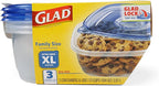 Glad GladWare XL Square Food Storage Containers with Lock Tight Lids, Family Size BPA Free Plastic Containers for Leftovers and Meal Prep, Reusable Dishwasher Safe, 104 Oz, 3 Count