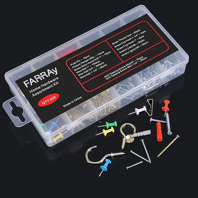 FARRAY Repair and Wall Hanging Kit: Screws, Nails, Drywall Anchors, Picture Hangers, Cup Hooks, Push Pins, Thumb Tacks, 600pcs